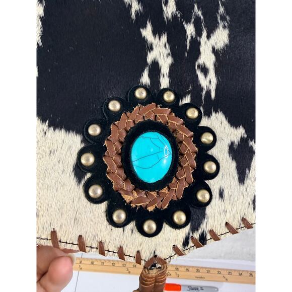 Handmade Genuine Suede Cowhide Fringe Crossbody Turquoise Stone embell New - Picture 2 of 8
